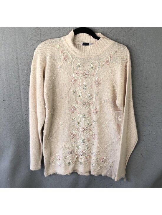 Beldoch Popper Sweaters - Vintage Beldoch Popper Sweater Tunic Womens L Cream Silk Angora Beaded Floral